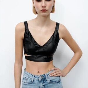 NWOT Zara Black Faux Leather Cutout Bustier Top